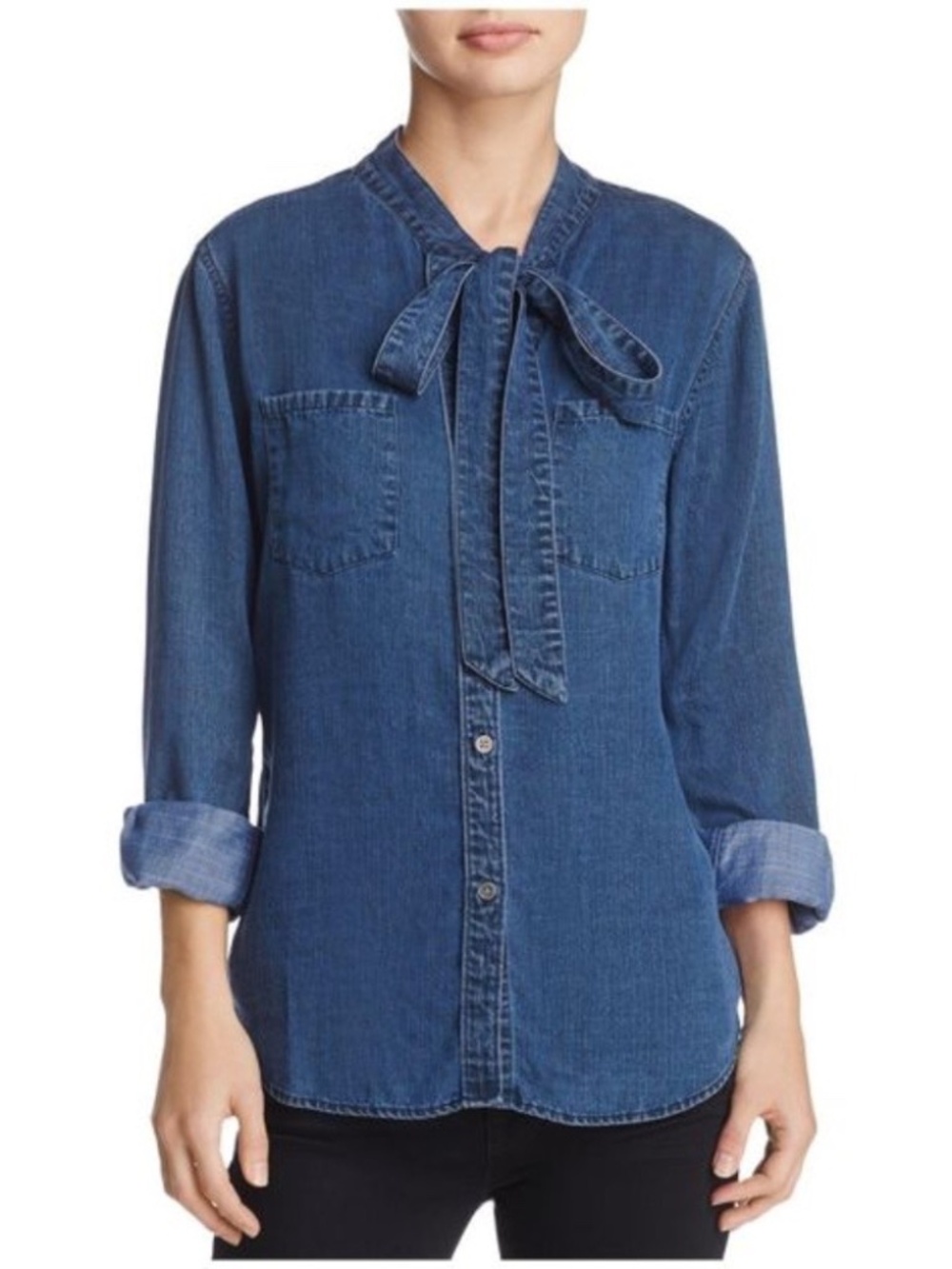 Rails Rosalee Tie Neck Chambray Shirt Dark Vintage Wash M NWT